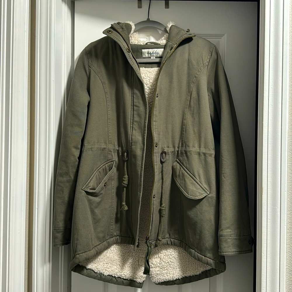 Sherpa-lined cargo jacket, green, size large